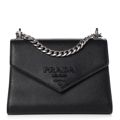 Prada Saffiano Cuir Calfskin Monochrome Envelope Flap Chain Shoulder Bag Black 1 of 7