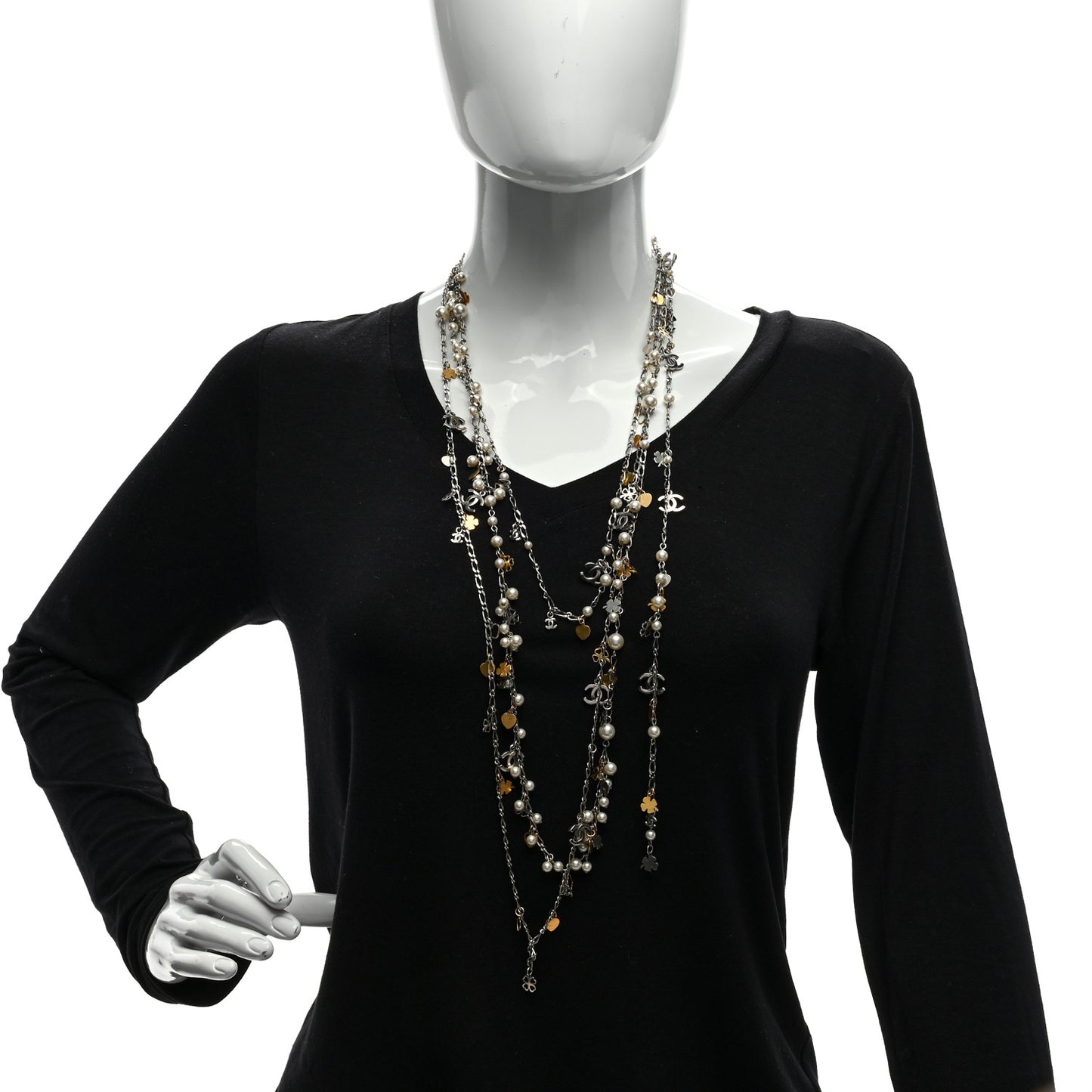 Pearl CC Lucky Charms Long Necklace Silver