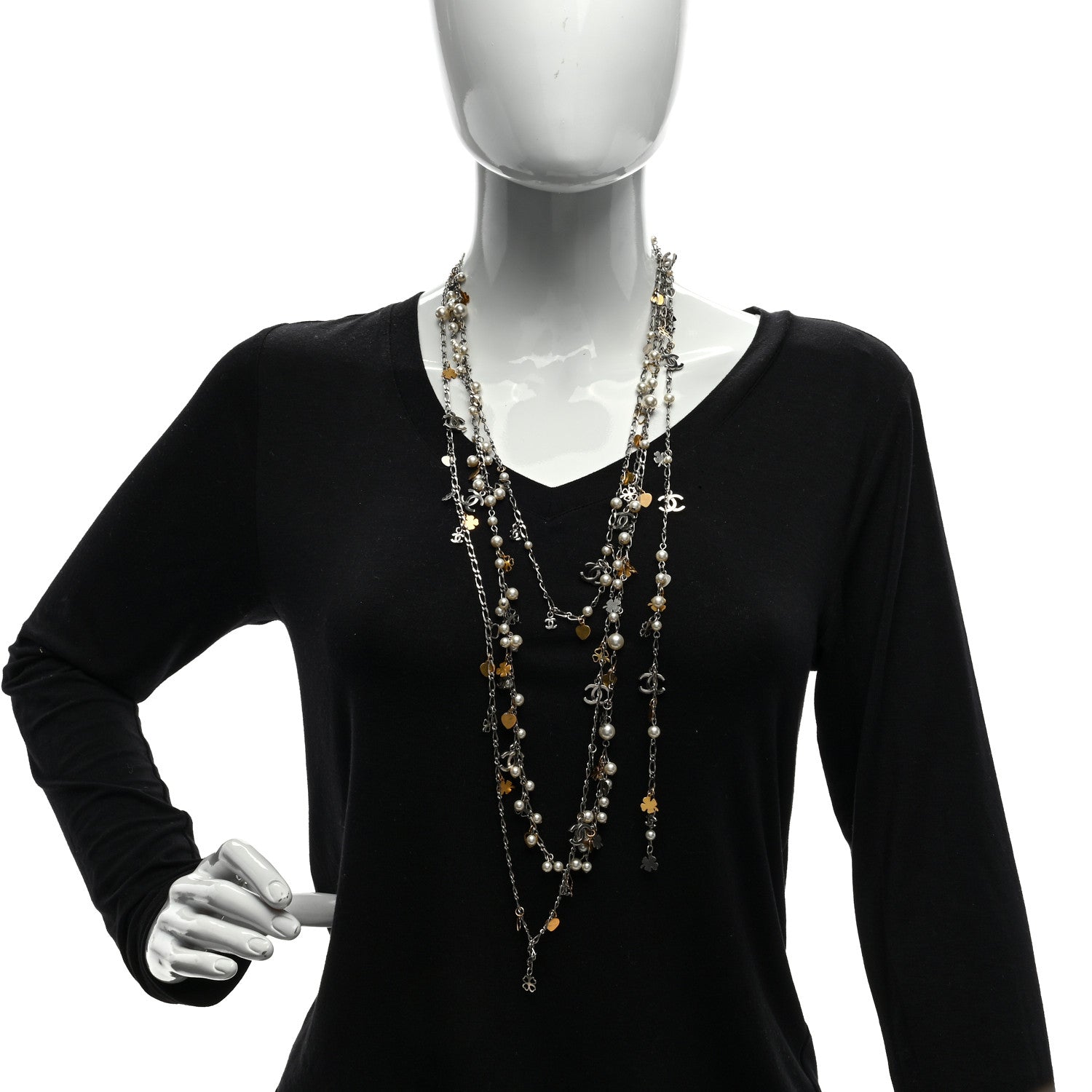 Chanel Pearl CC Lucky Charms Long Necklace Silver 3 of 4