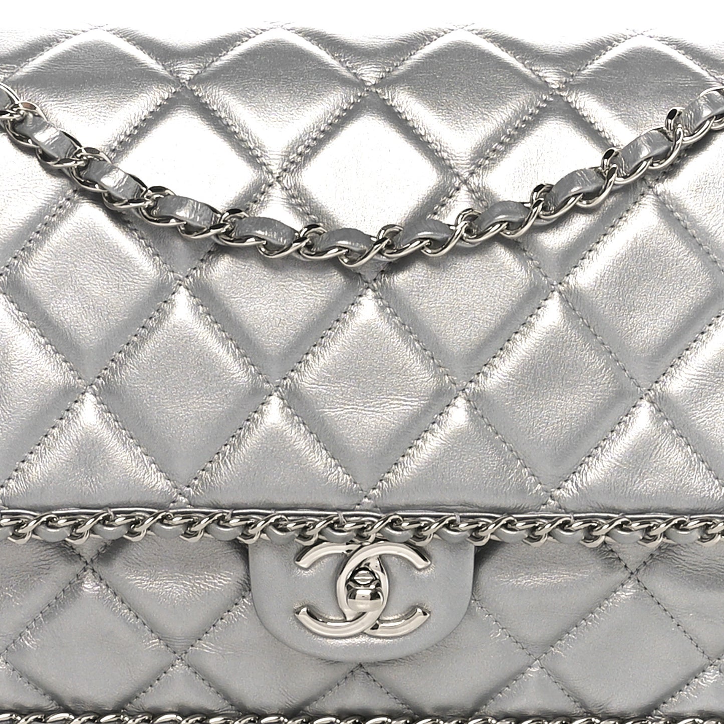 Metallic Lambskin Large Chain All Over Flap Silver