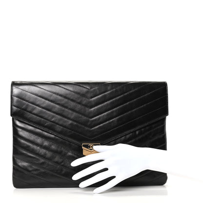 Chanel Calfskin Chevron Quilted Medal Flap Pouch Black 2 of 8