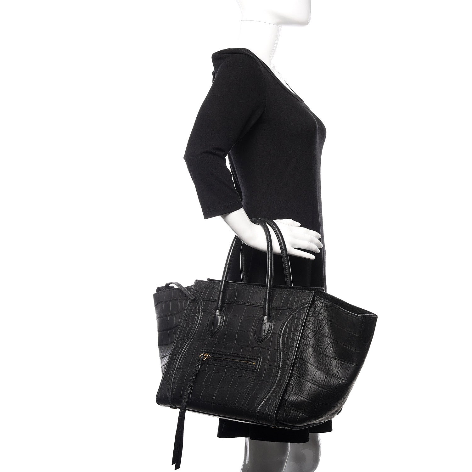 Celine Crocodile Embossed Calfskin Medium Phantom Luggage Black 2 of 9