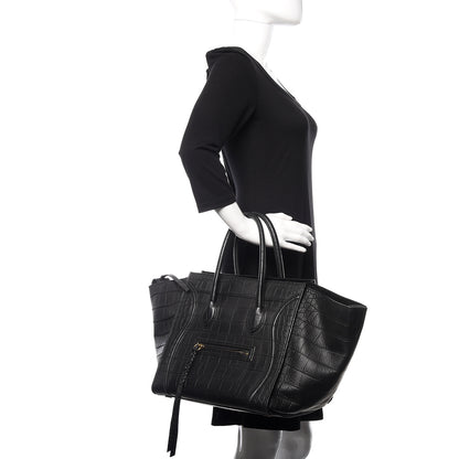 Celine Crocodile Embossed Calfskin Medium Phantom Luggage Black 2 of 9