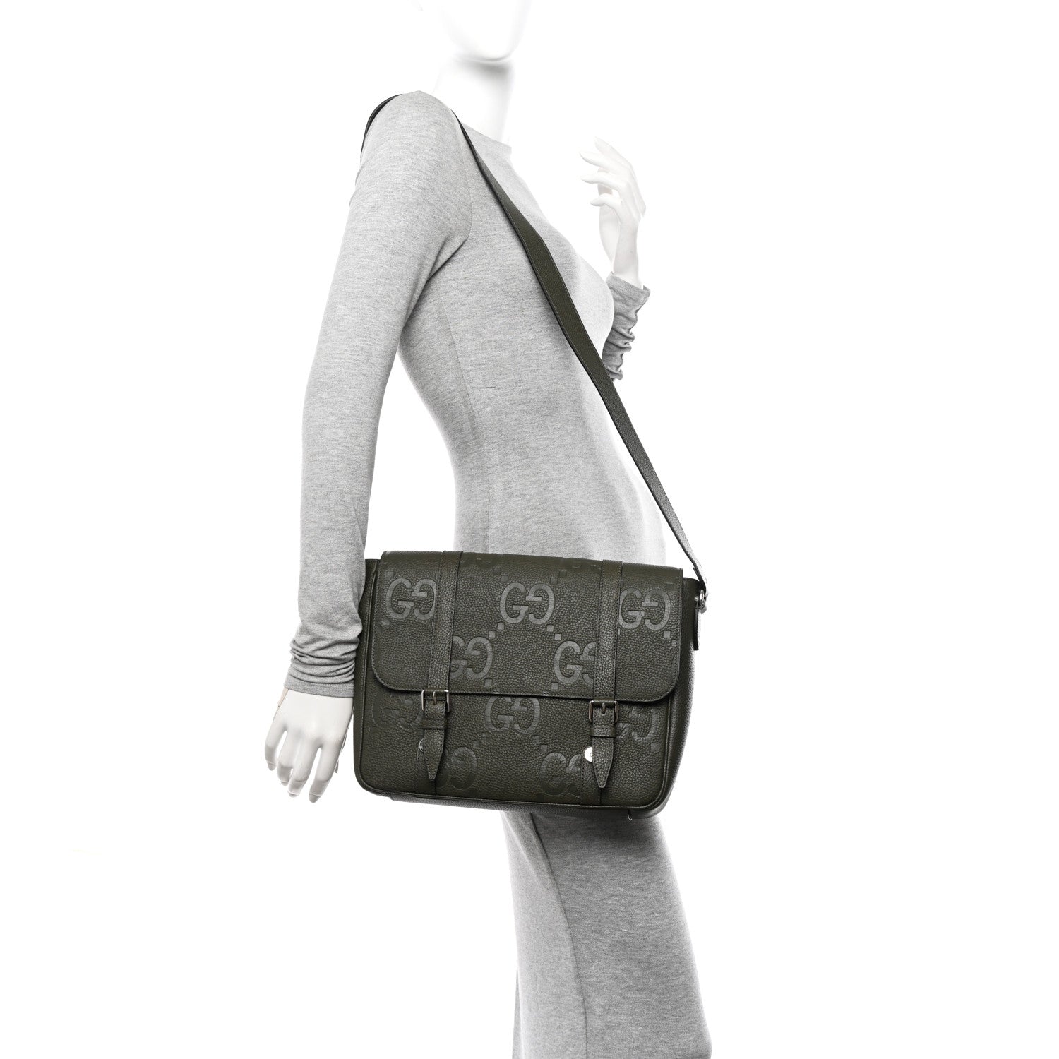 Gucci Calfskin Jumbo GG Embossed Double Buckle Medium Messenger Bag Dark Vintage Olive 2 of 10