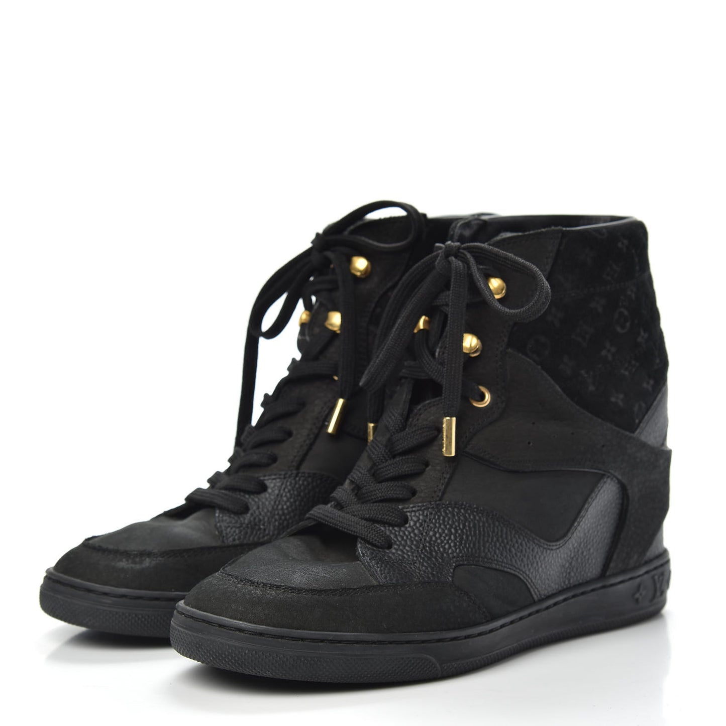 Calfskin Suede Monogram Cliff Top Wedge Sneakers 37 Black