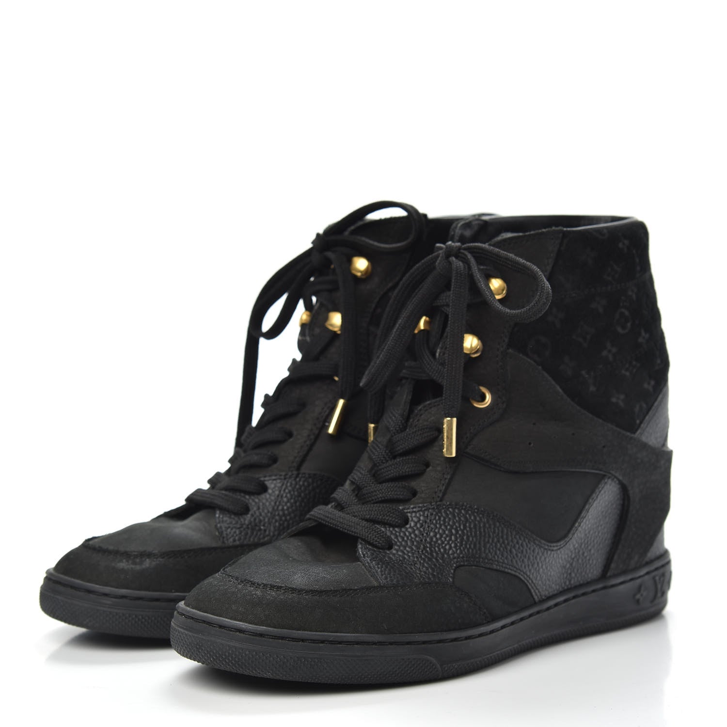 Louis Vuitton Calfskin Suede Monogram Cliff Top Wedge Sneakers 37 Black 3 of 11
