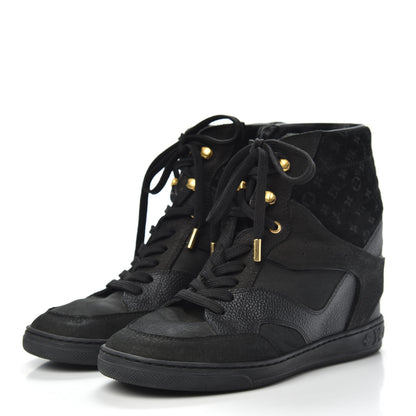 Louis Vuitton Calfskin Suede Monogram Cliff Top Wedge Sneakers 37 Black 3 of 11