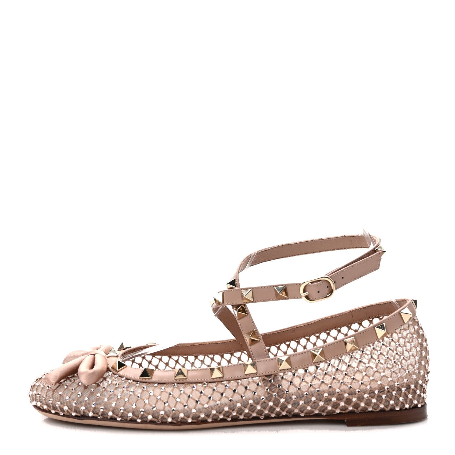 Valentino Garavani Mesh Calfskin Crystal Rockstud Multi Strap Ballerina Flats 39 Rose Cannelle 1 of 9