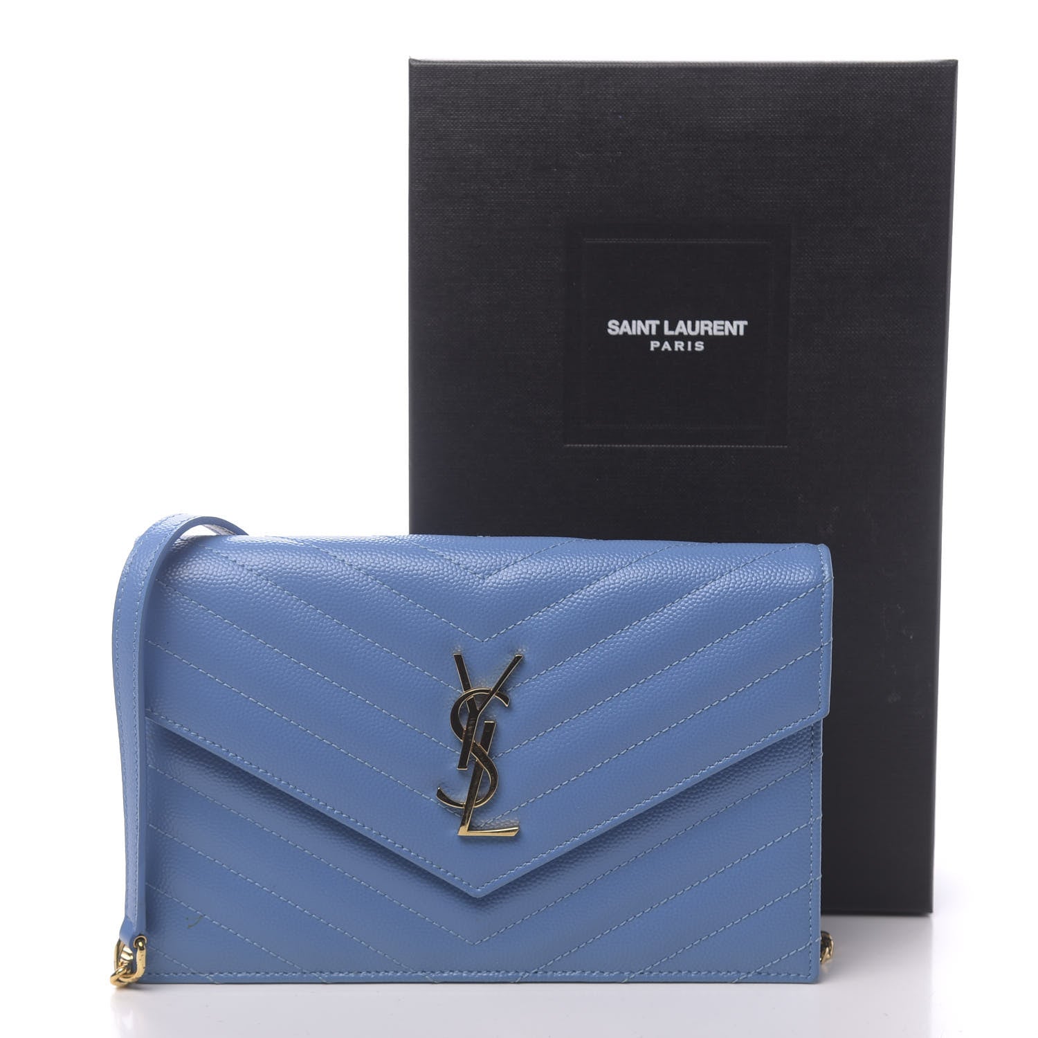 Saint Laurent Grain De Poudre Matelasse Chevron Monogram Envelope Chain Wallet Blue Clair 11 of 11