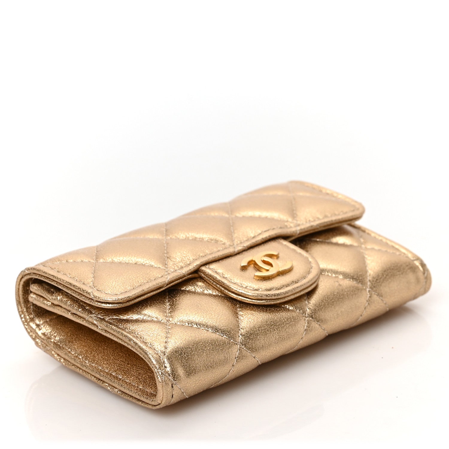 Chanel Metallic Lambskin Quilted Flap Card Holder Wallet Gold 4 of 8
