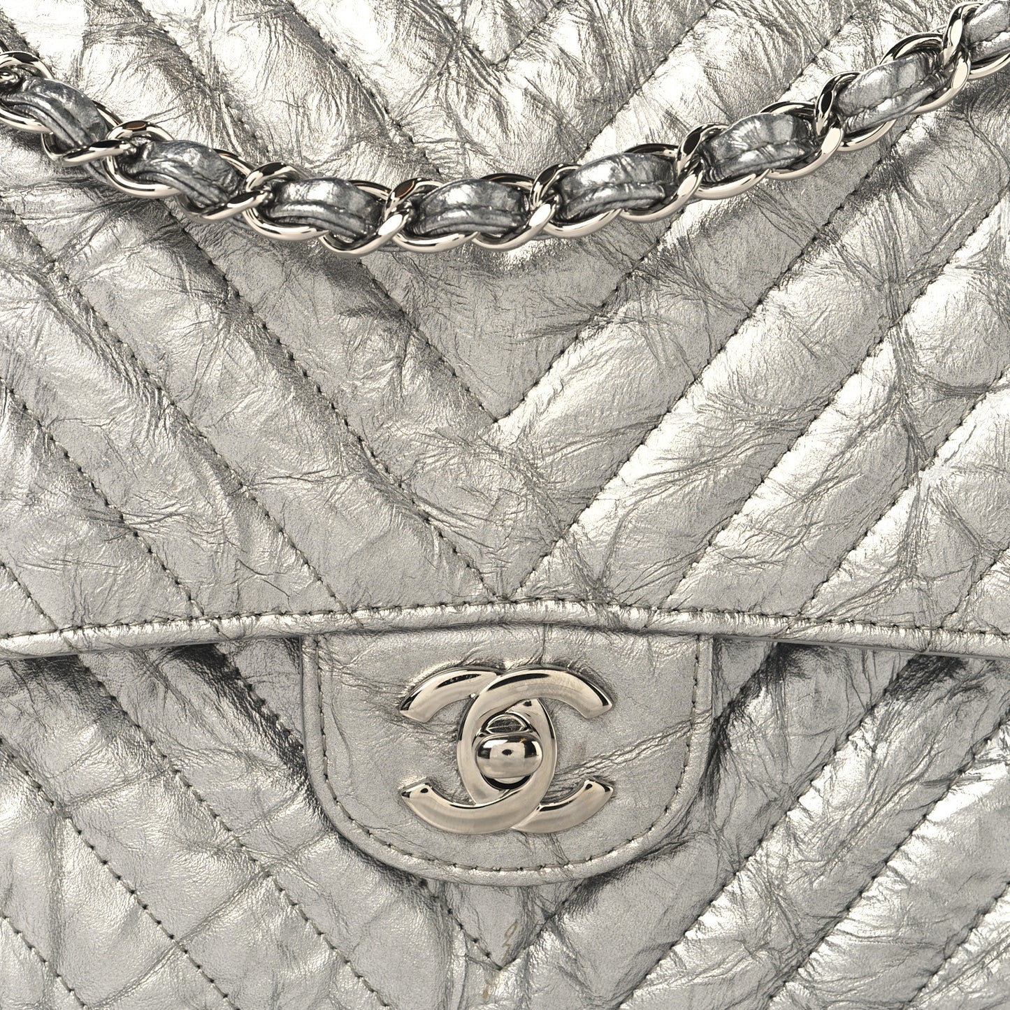 Metallic Patent Crumpled Calfskin Chevron Quilted Medium Double Flap Silver