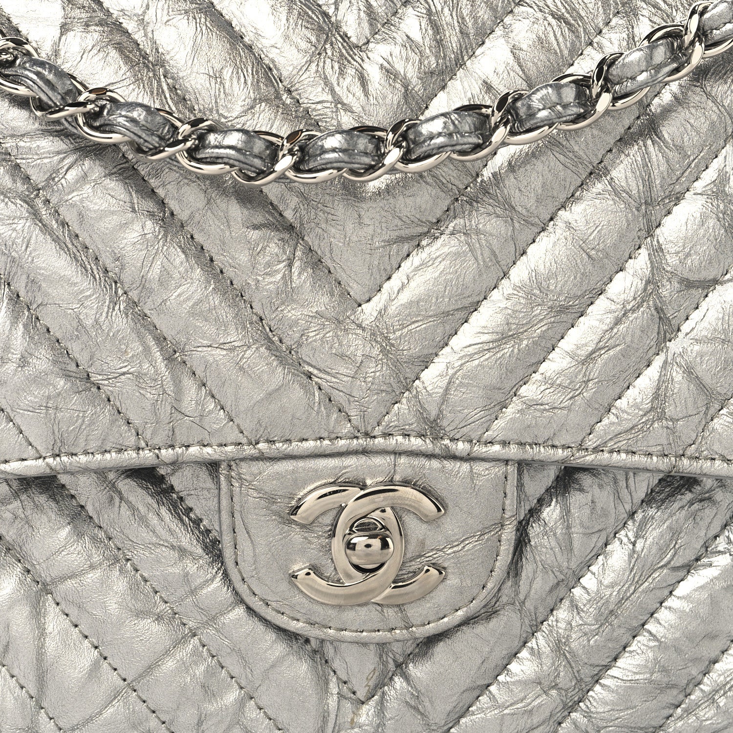 Chanel Metallic Patent Crumpled Calfskin Chevron Quilted Medium Double Flap Silver 8 of 10