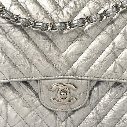 Chanel Metallic Patent Crumpled Calfskin Chevron Quilted Medium Double Flap Silver 8 of 10