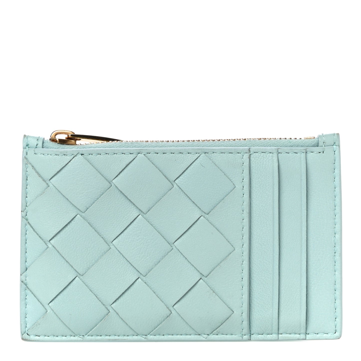 Calfskin Intrecciato Zip Card Holder Teal Washed