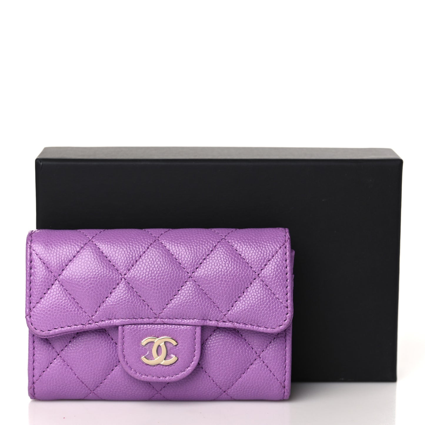 Caviar Quilted Flap Card Holder Wallet Purple