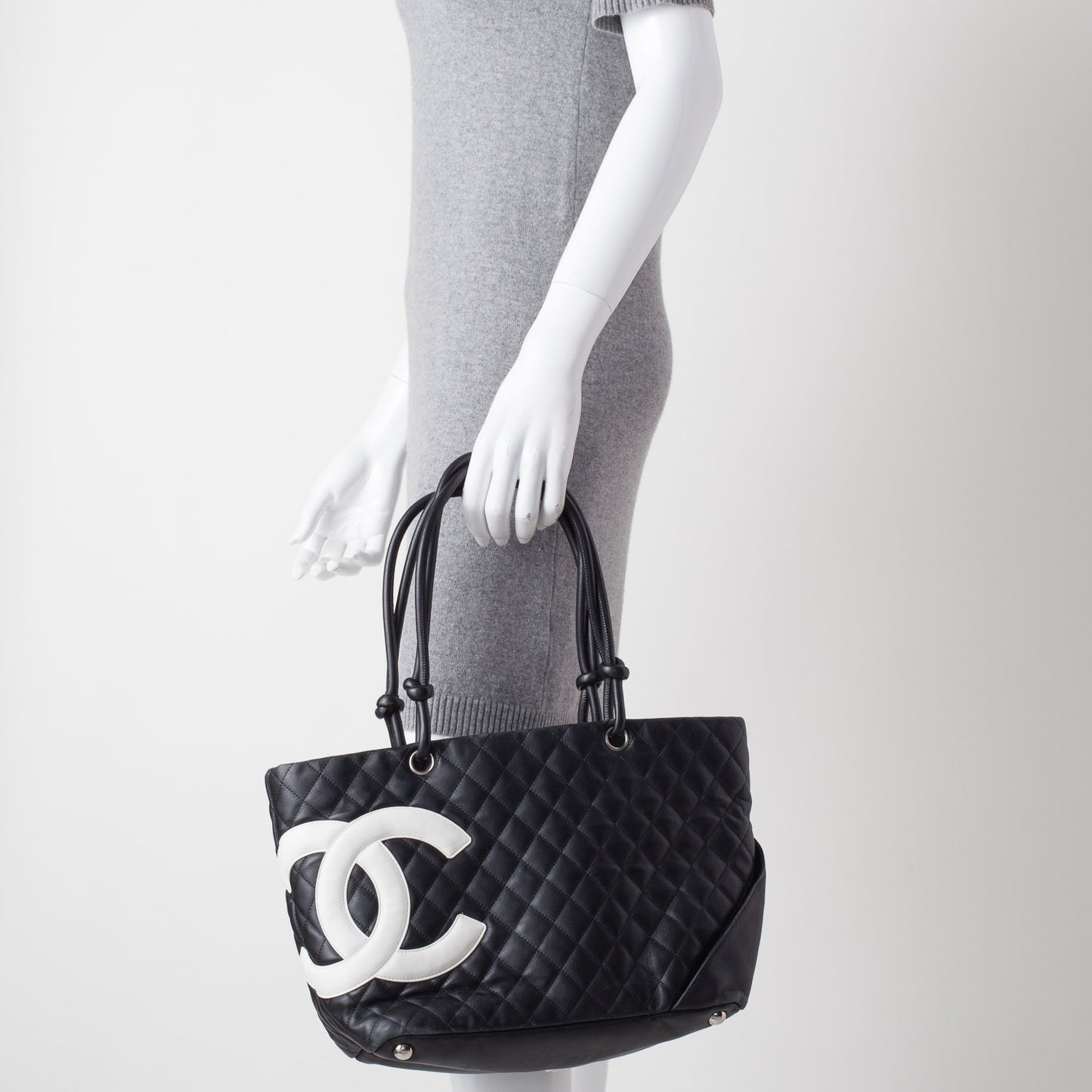 Calfskin Quilted Large Cambon Tote Black White
