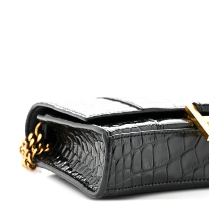 Balenciaga Shiny Calfskin Crocodile Embossed Hourglass Chain Bag Black 8 of 10