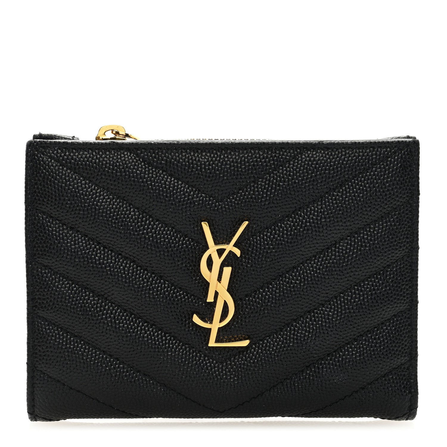 Saint Laurent Grain De Poudre Matelasse Chevron Monogram Zipped Card Case Black 1 of 6