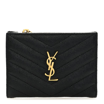 Saint Laurent Grain De Poudre Matelasse Chevron Monogram Zipped Card Case Black 1 of 6
