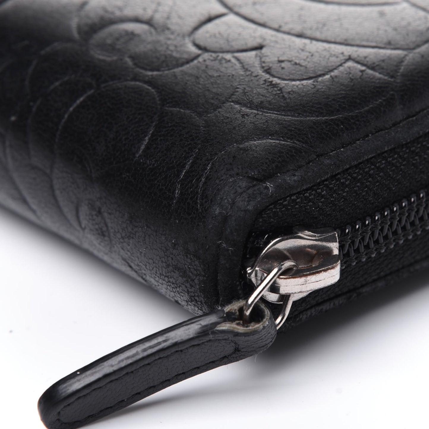 Lambskin Camellia Embossed Large Zip Around Gusset Wallet Black