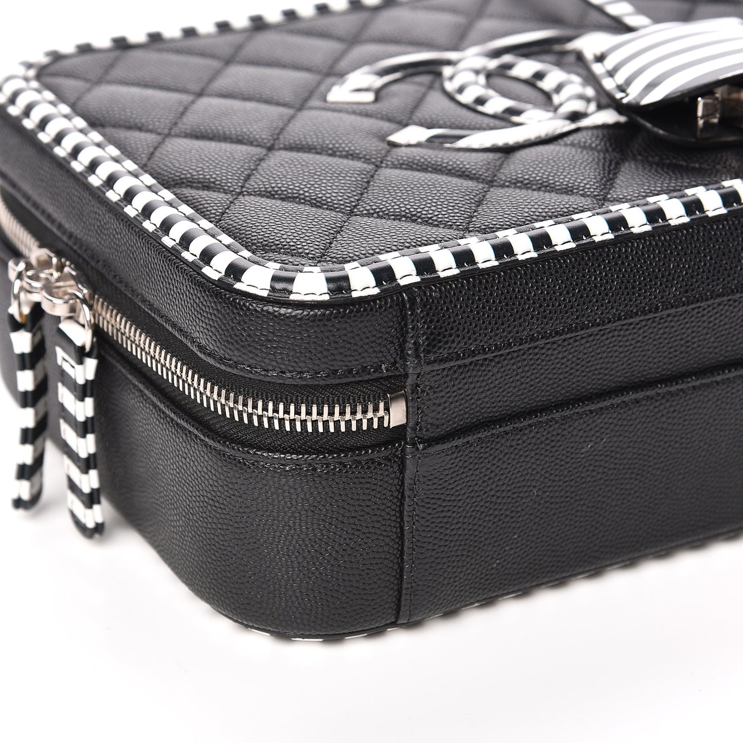Caviar Quilted Striped Medium CC Filigree Vanity Case Black White