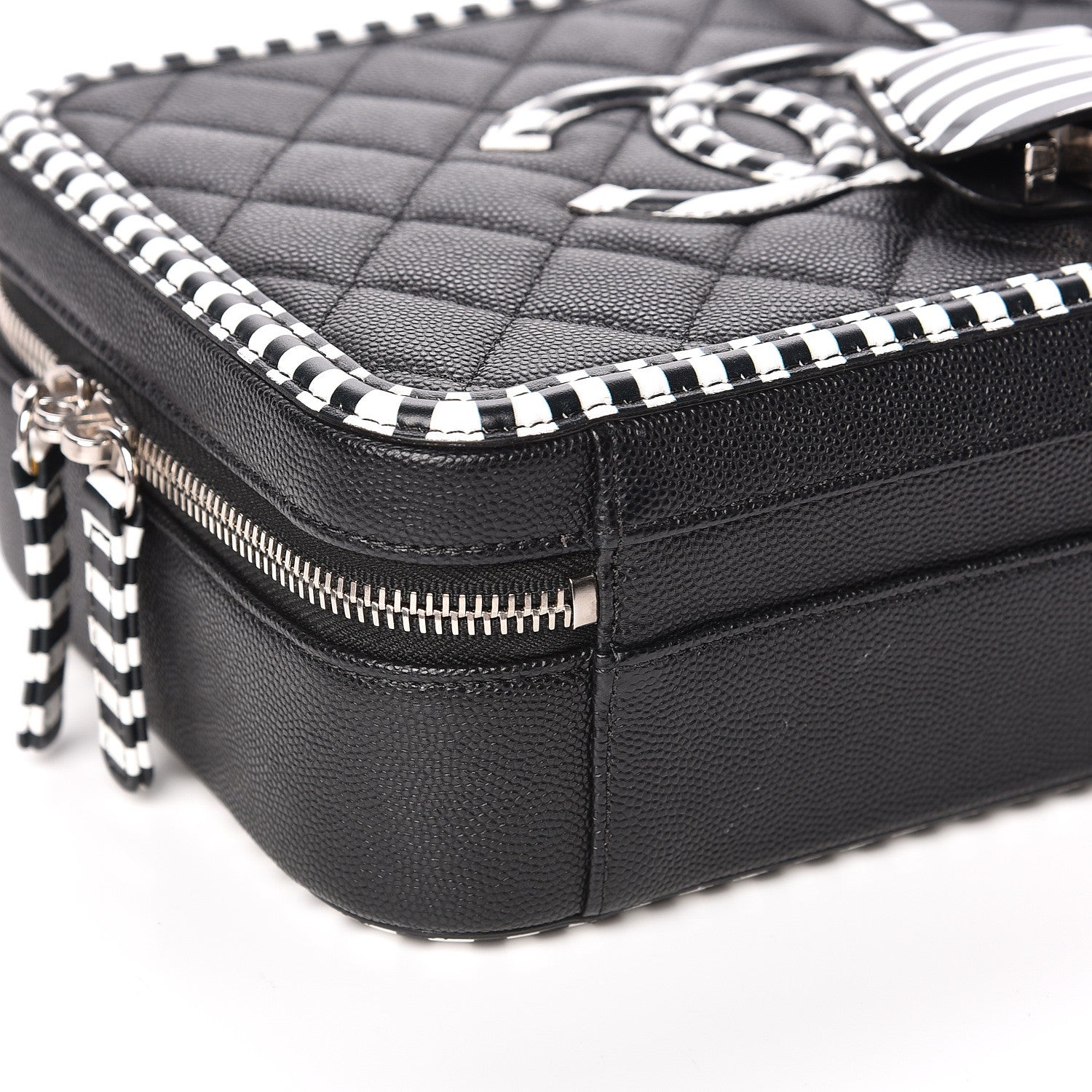 Chanel Caviar Quilted Striped Medium CC Filigree Vanity Case Black White 8 of 11