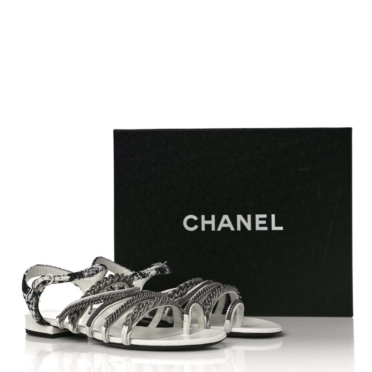 Tweed Chain Flat Sandals 37 White