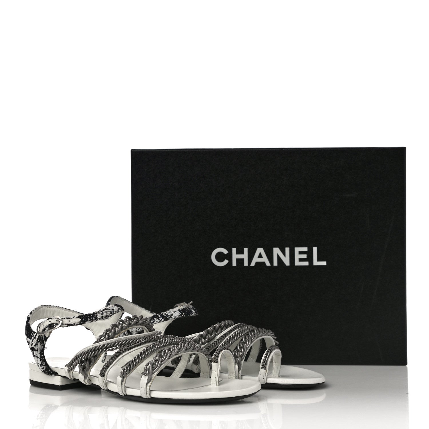 Chanel Tweed Chain Flat Sandals 37 White 12 of 12