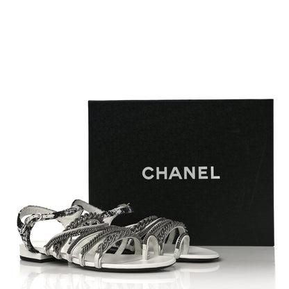 Chanel Tweed Chain Flat Sandals 37 White 12 of 12