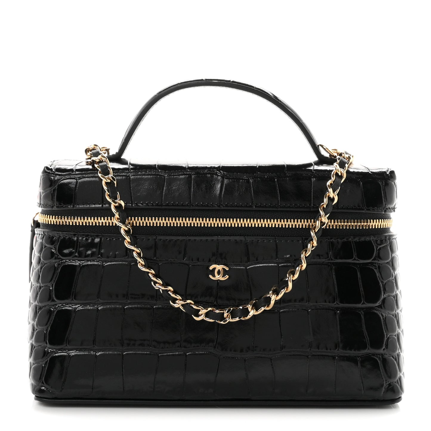 Calfskin Crocodile Embossed Crococo Top Handle Slim Vanity Case With Chain Black