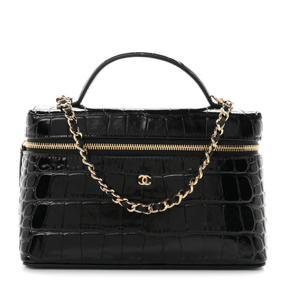 Chanel Calfskin Crocodile Embossed Crococo Top Handle Slim Vanity Case With Chain Black 1 of 11
