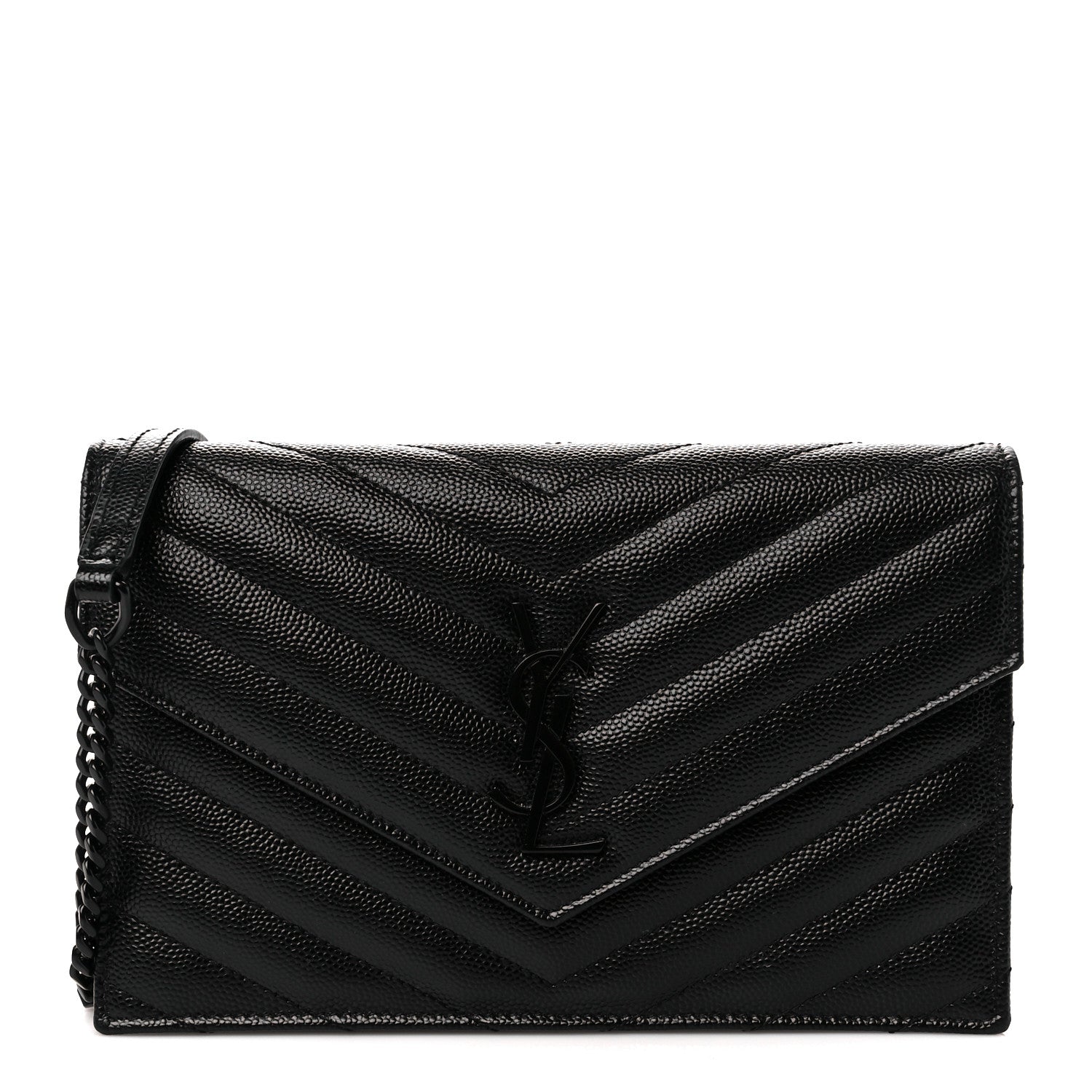 Saint Laurent Grain De Poudre Matelasse Chevron Monogram Monochrome Envelope Chain Wallet Black 1 of 9