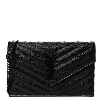 Saint Laurent Grain De Poudre Matelasse Chevron Monogram Monochrome Envelope Chain Wallet Black 1 of 9
