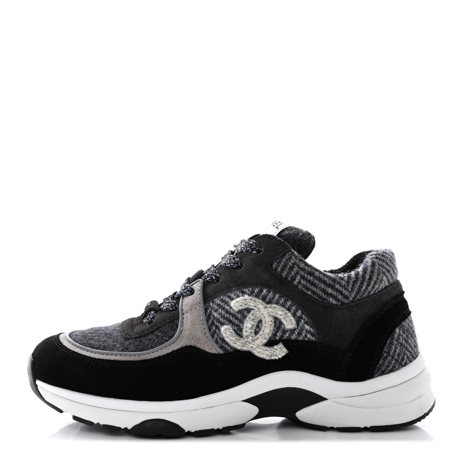 Chanel Tweed Suede Womens CC Sneakers 36 Black Grey 1 of 16