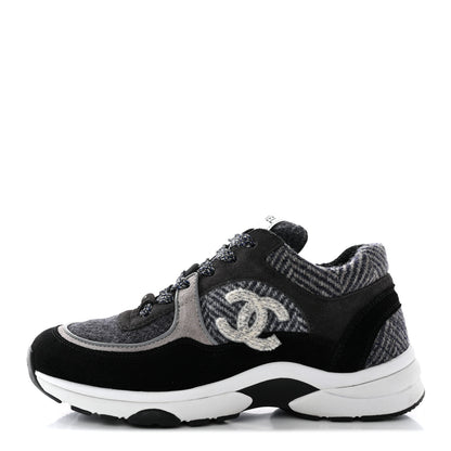 Chanel Tweed Suede Womens CC Sneakers 36 Black Grey 1 of 16