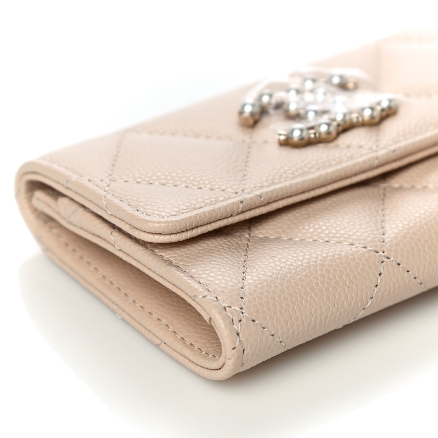 Caviar Pearl Quilted Coco Candy Flap Card Holder Beige