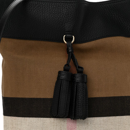 Burberry Grainy Calfskin Canvas Mega Check Medium Ashby Tassel Hobo Black 9 of 13