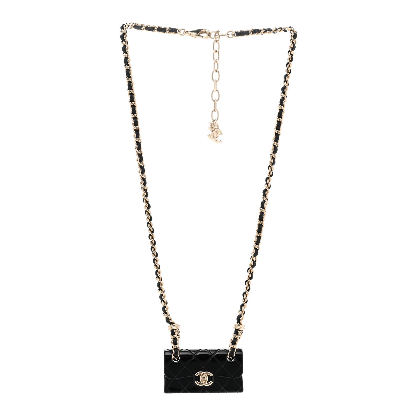 Metal Resin Calfskin Quilted CC Turnlock Chain Bag Necklace Gold Black