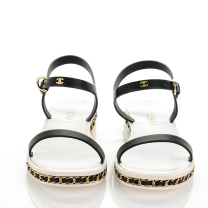 Chanel Calfskin CC Chain Flat Sandals 38 White Black 2 of 7