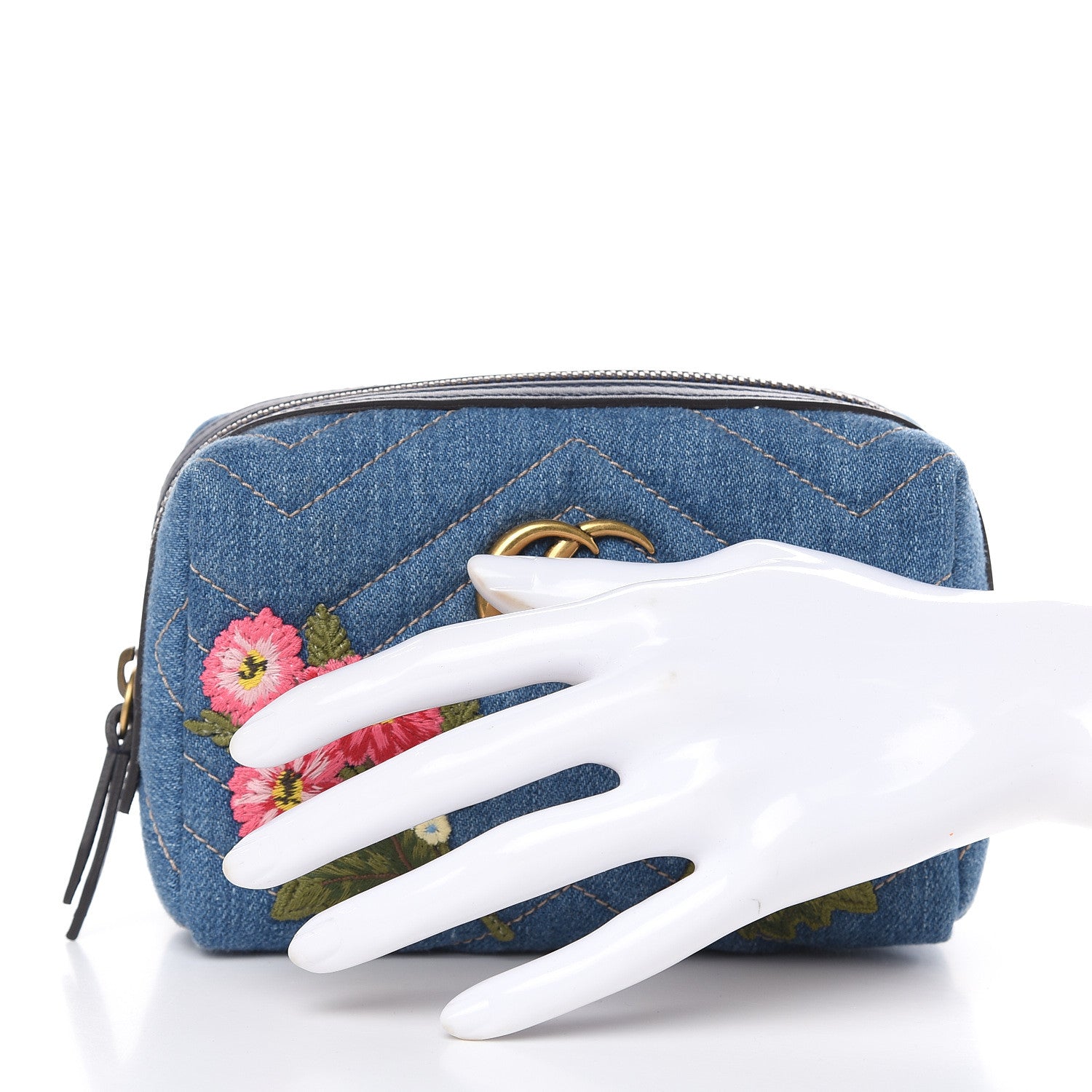 Gucci Denim Matelasse Flower Japan Limited GG Marmont Cosmetic Case Blue 2 of 7