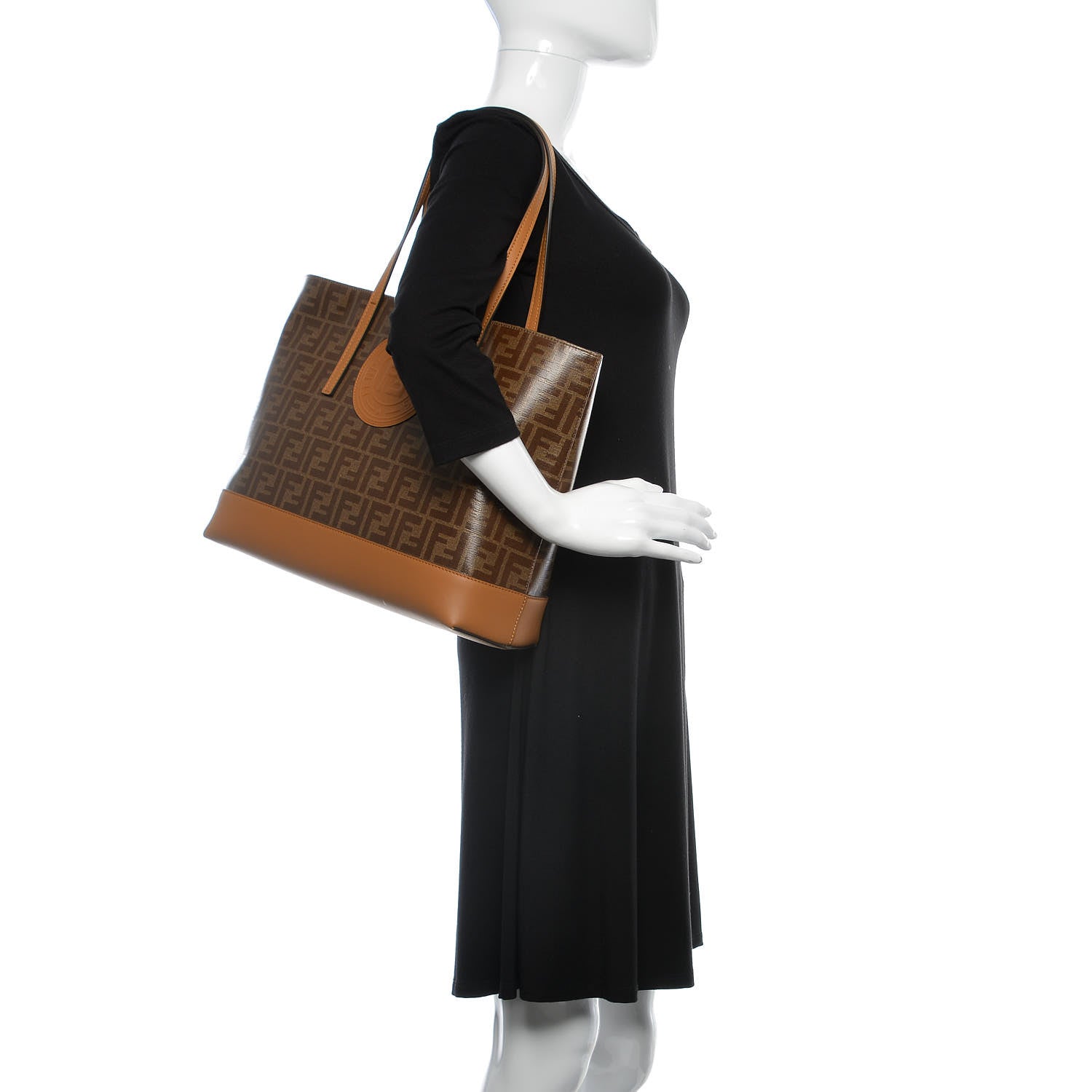 Fendi Glazed Fabric Vitello Century FF 1974 Stamp Patch Shopping Tote Mogano Panna Caramello 2 of 9