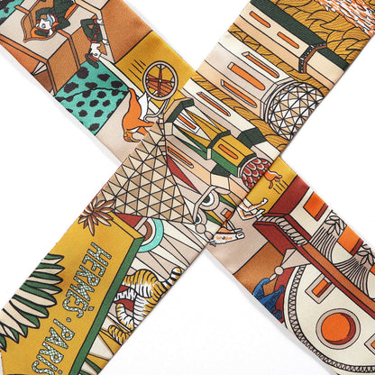 Hermes Silk Animapolis Plumetis Twilly Ocre Vert Orange 5 of 6