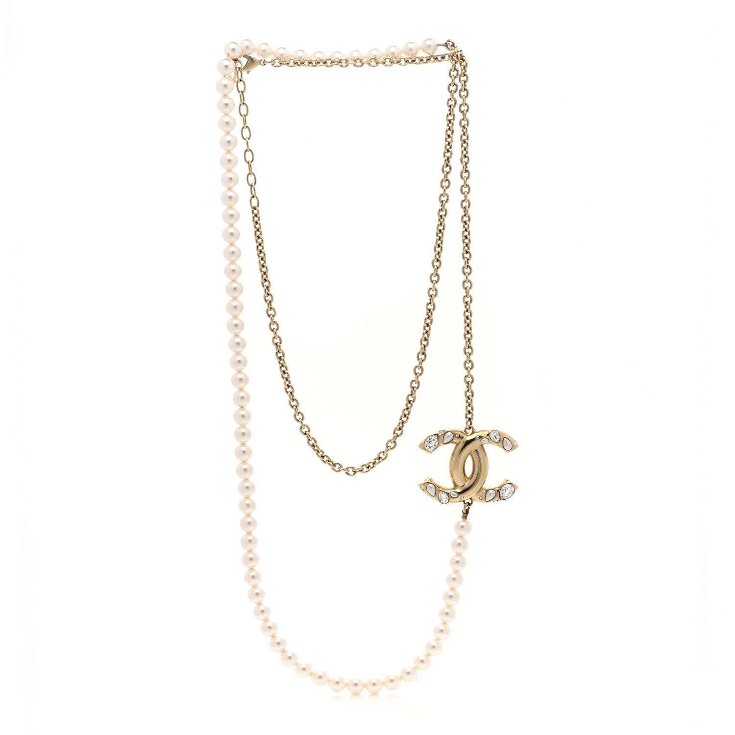 Chanel Metal Pearl Crystal Chain CC Long Necklace Gold 3 of 6