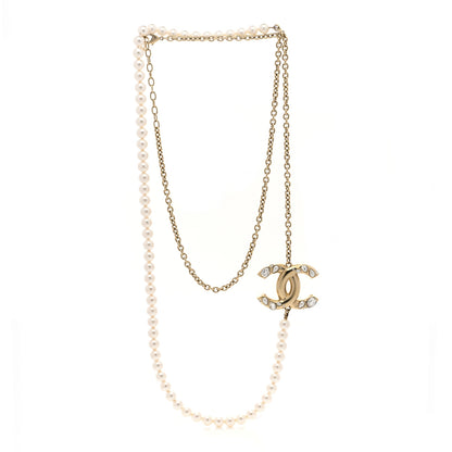 Chanel Metal Pearl Crystal Chain CC Long Necklace Gold 3 of 6