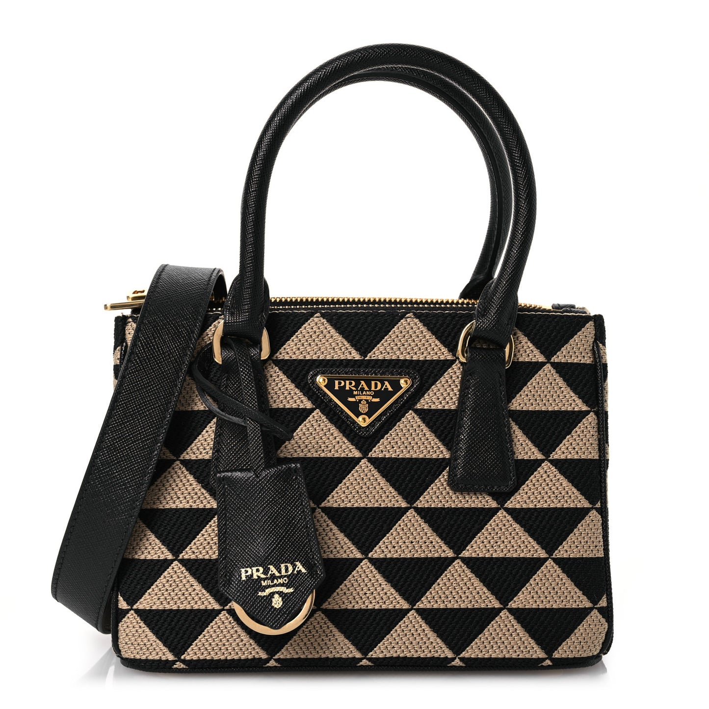 Jacquard Saffiano Triangolo Symbole Embroidered Mini Galleria Double Zip Tote Black Corda