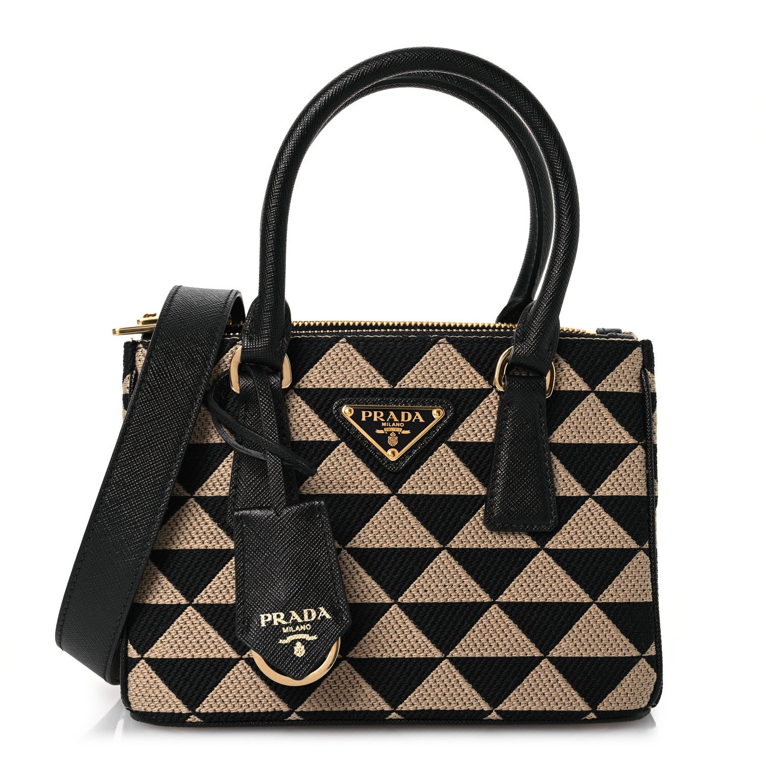 Prada Jacquard Saffiano Triangolo Symbole Embroidered Mini Galleria Double Zip Tote Black Corda 1 of 14
