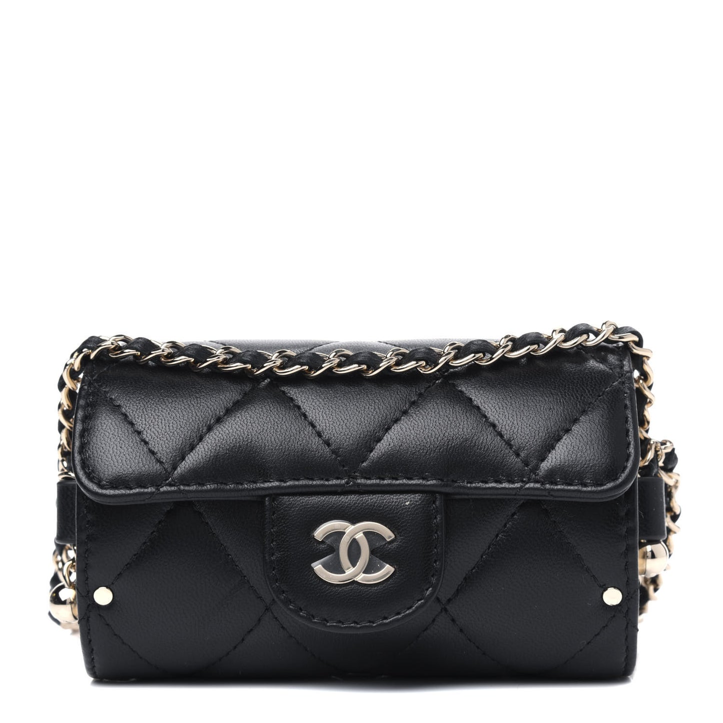 Lambskin Quilted Box Of Secrets Card Holder With Chain Black