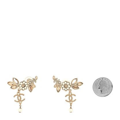 Chanel Pearl Crystal CC Flower Cluster Drop Earrings Gold Light Brown Pearly White 2 of 4