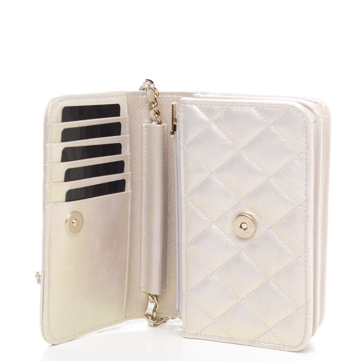 Iridescent Lambskin Quilted Mini Wallet On Chain WOC Ivory