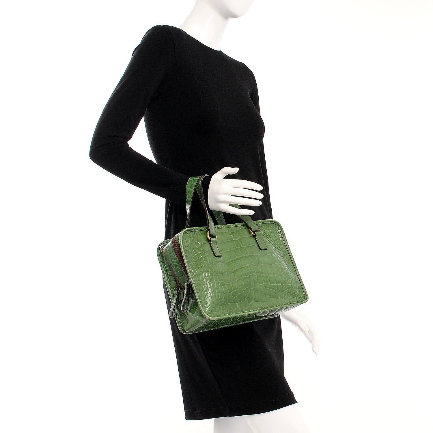 Prada Shiny Calfskin Crocodile Embossed Double Zip Bauletto Larice 2 of 15